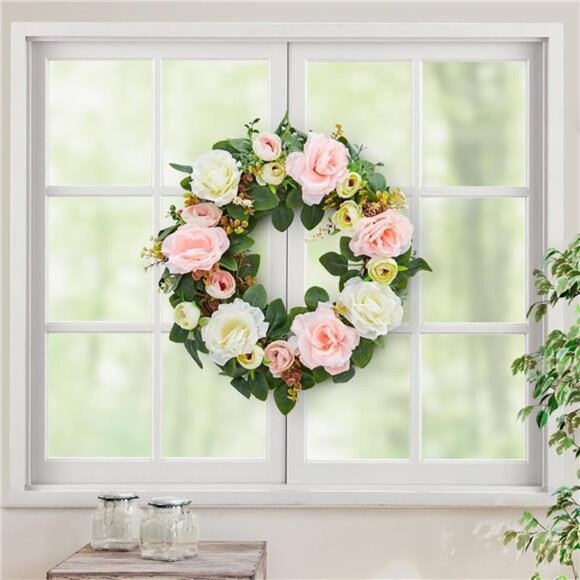 Spring Wreaths for Front Door, 15.7" Artificial Rose Peony Flower Wreath Spring - Picture 4 of 7